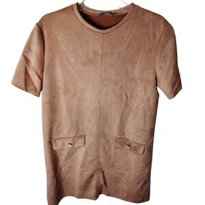 ZARA Faux Suede Pocket Shirt Dress, Salmon Pink, Large